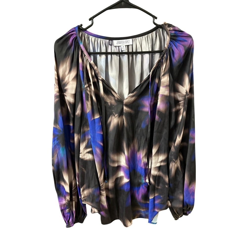 Jennifer Lopez Womens Floral Peasant Blouse Purple Blue Black Split Neck Tie M